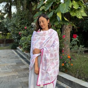Pink Dragonfly Three Layer Malmal Khasto/Shawl With Bag