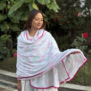 Pink And Green Comb Three layer Malmal Khasto/Shawl With Bag