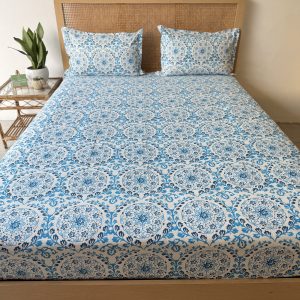 Blue Marigold Cotton Bedsheet With Bag