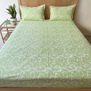 Green Leaves With Pink Star Cotton Bedsheet With Bag