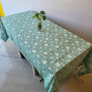 White Flower Green Base Cotton Table/Bed Cover