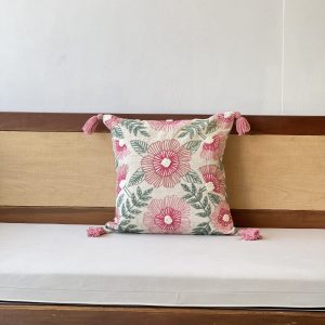 Poppy Flower With Tassels Embroidery Cushion (18 x 18 inch)