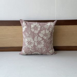 White Flower Pink Base Cotton Embroidery Cushion (18 x 18 inch)