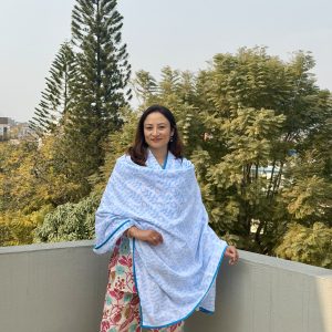Blue Circle Three Layer Malmal Khasto/Shawl With Bag