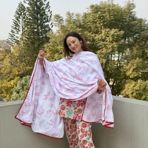 Red Flower Three Layer Malmal Khasto/Shawl With Bag